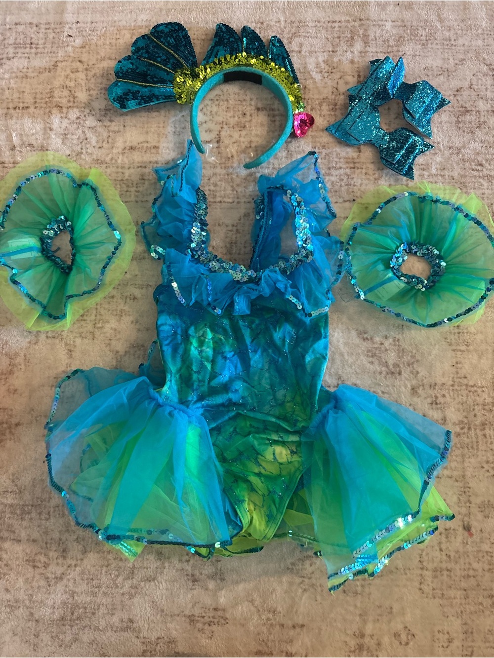 Sparkling Teal & Lime Mermaid Under The Sea Dance Costume Full Set Child Small